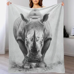 Rhinocéros Plaid en Polaire Imprimé 3D Couverture Douce Confortable pour Canapé Lit Bureau