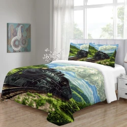 Train à vapeur Housse de Couette Imprimée 3D Douce 3 Pièces Literie Garçons Filles