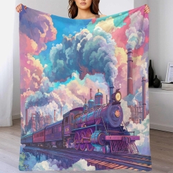 Train à vapeur Plaid en Polaire Imprimé 3D Couverture Douce Confortable pour Canapé Lit Bureau