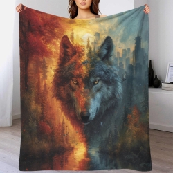Loup Plaid en Polaire Imprimé 3D Couverture Douce Confortable pour Canapé Lit Bureau