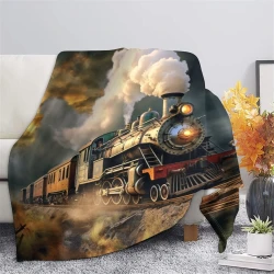 Train à vapeur Plaid en Polaire Imprimé 3D Couverture Douce Confortable pour Canapé Lit Bureau