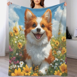 Corgi Plaid en Polaire Imprimé 3D Couverture Douce Confortable pour Canapé Lit Bureau