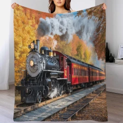 Train à vapeur Plaid en Polaire Imprimé 3D Couverture Douce Confortable pour Canapé Lit Bureau