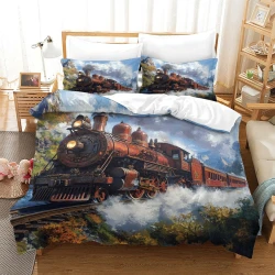 Train à vapeur Housse de Couette Imprimée 3D Douce 3 Pièces Literie Garçons Filles