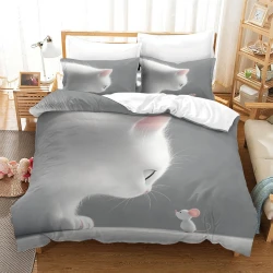 Cute Chat Housse de Couette Imprimée 3D Douce 3 Pièces Literie Garçons Filles