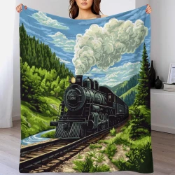 Train à vapeur Plaid en Polaire Imprimé 3D Couverture Douce Confortable pour Canapé Lit Bureau