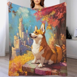 Corgi Plaid en Polaire Imprimé 3D Couverture Douce Confortable pour Canapé Lit Bureau