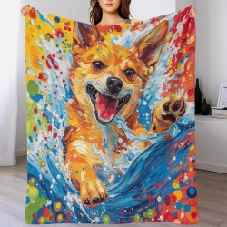 Corgi Plaid en Polaire Imprimé 3D Couverture Douce Confortable pour Canapé Lit Bureau