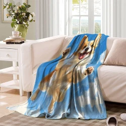 Corgi Plaid en Polaire Imprimé 3D Couverture Douce Confortable pour Canapé Lit Bureau