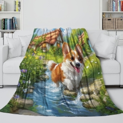 Corgi Plaid en Polaire Imprimé 3D Couverture Douce Confortable pour Canapé Lit Bureau