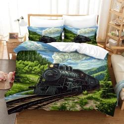 Train à vapeur Housse de Couette Imprimée 3D Douce 3 Pièces Literie Garçons Filles