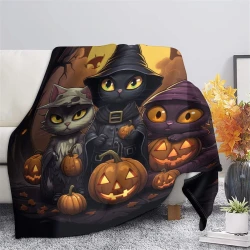 Halloween Chat Jack-o'-lantern Plaid en Polaire Imprimé 3D Couverture Douce Confortable pour Canapé Lit Bureau