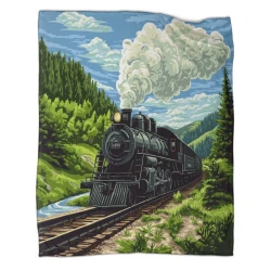 Train à vapeur Plaid en Polaire Imprimé 3D Couverture Douce Confortable pour Canapé Lit Bureau