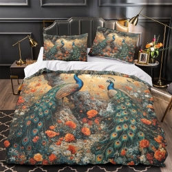 Paon Housse de Couette Imprimée 3D Douce 3 Pièces Literie Garçons Filles
