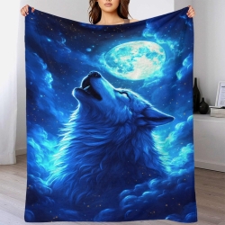 Loup Plaid en Polaire Imprimé 3D Couverture Douce Confortable pour Canapé Lit Bureau