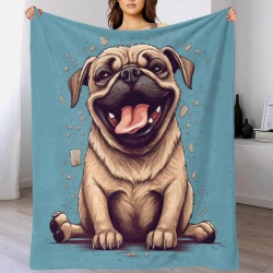 Pug Chien Plaid en Polaire Imprimé 3D Couverture Douce Confortable pour Canapé Lit Bureau