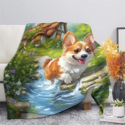 Corgi Plaid en Polaire Imprimé 3D Couverture Douce Confortable pour Canapé Lit Bureau