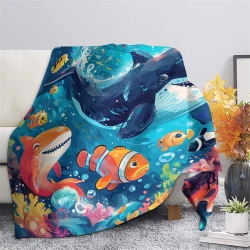 Baleine Plaid en Polaire Imprimé 3D Couverture Douce Confortable pour Canapé Lit Bureau