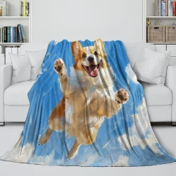 Corgi Plaid en Polaire Imprimé 3D Couverture Douce Confortable pour Canapé Lit Bureau