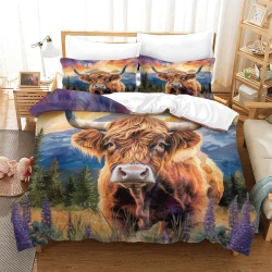Vache des Highlands Housse de Couette Imprimée 3D Douce 3 Pièces Literie Garçons Filles