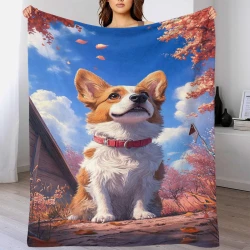 Corgi Plaid en Polaire Imprimé 3D Couverture Douce Confortable pour Canapé Lit Bureau