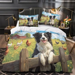 Border Collie Housse de Couette Imprimée 3D Douce 3 Pièces Literie Garçons Filles