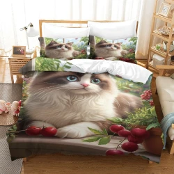 Chat ragdoll Housse de Couette Imprimée 3D Douce 3 Pièces Literie Garçons Filles