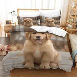 Golden Retriever Housse de Couette Imprimée 3D Douce 3 Pièces Literie Garçons Filles
