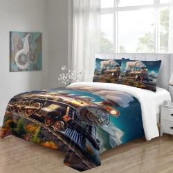 Train à vapeur Housse de Couette Imprimée 3D Douce 3 Pièces Literie Garçons Filles