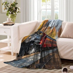 Train à vapeur Plaid en Polaire Imprimé 3D Couverture Douce Confortable pour Canapé Lit Bureau