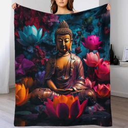 Bouddha Plaid en Polaire Imprimé 3D Couverture Douce Confortable pour Canapé Lit Bureau