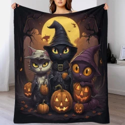 Halloween Chat Jack-o'-lantern Plaid en Polaire Imprimé 3D Couverture Douce Confortable pour Canapé Lit Bureau