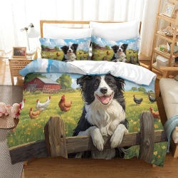 Border Collie Housse de Couette Imprimée 3D Douce 3 Pièces Literie Garçons Filles