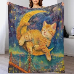Chat Plaid en Polaire Imprimé 3D Couverture Douce Confortable pour Canapé Lit Bureau
