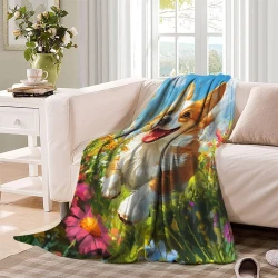 Corgi Plaid en Polaire Imprimé 3D Couverture Douce Confortable pour Canapé Lit Bureau