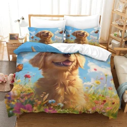 Golden Retriever Housse de Couette Imprimée 3D Douce 3 Pièces Literie Garçons Filles