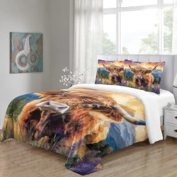 Vache des Highlands Housse de Couette Imprimée 3D Douce 3 Pièces Literie Garçons Filles