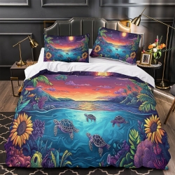 Tortue de mer Housse de Couette Imprimée 3D Douce 3 Pièces Literie Garçons Filles