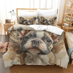 Französische Bulldogge 3D Gedruckter Bettbezug Weiche 3-teilige Bettwäsche für Jungen Mädchen