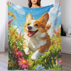 Corgi Plaid en Polaire Imprimé 3D Couverture Douce Confortable pour Canapé Lit Bureau