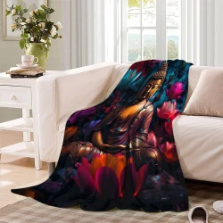 Bouddha Plaid en Polaire Imprimé 3D Couverture Douce Confortable pour Canapé Lit Bureau