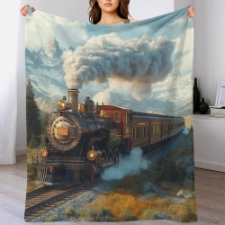 Train à vapeur Plaid en Polaire Imprimé 3D Couverture Douce Confortable pour Canapé Lit Bureau