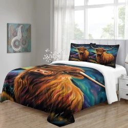 Vache des Highlands Housse de Couette Imprimée 3D Douce 3 Pièces Literie Garçons Filles