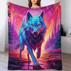 Loup Plaid en Polaire Imprimé 3D Couverture Douce Confortable pour Canapé Lit Bureau