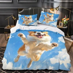 Corgi Housse de Couette Imprimée 3D Douce 3 Pièces Literie Garçons Filles
