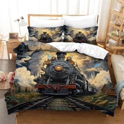 Steam Train 3D Printed Duvet Cover Soft 3 Piece Boys Girls Bedding quilt cover