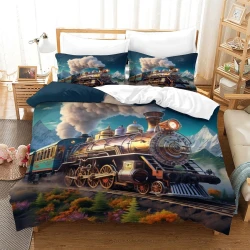 Train à vapeur Housse de Couette Imprimée 3D Douce 3 Pièces Literie Garçons Filles