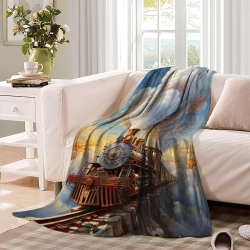 Train à vapeur Plaid en Polaire Imprimé 3D Couverture Douce Confortable pour Canapé Lit Bureau