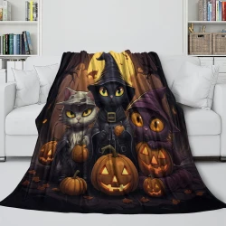 Halloween Chat Jack-o'-lantern Plaid en Polaire Imprimé 3D Couverture Douce Confortable pour Canapé Lit Bureau