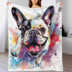 French Bouledogue Plaid en Polaire Imprimé 3D Couverture Douce Confortable pour Canapé Lit Bureau